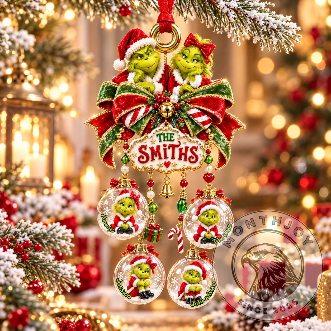 The Grinch The Smiths Personalized Family Christmas 2026 Ornament - full front view with four named baubles