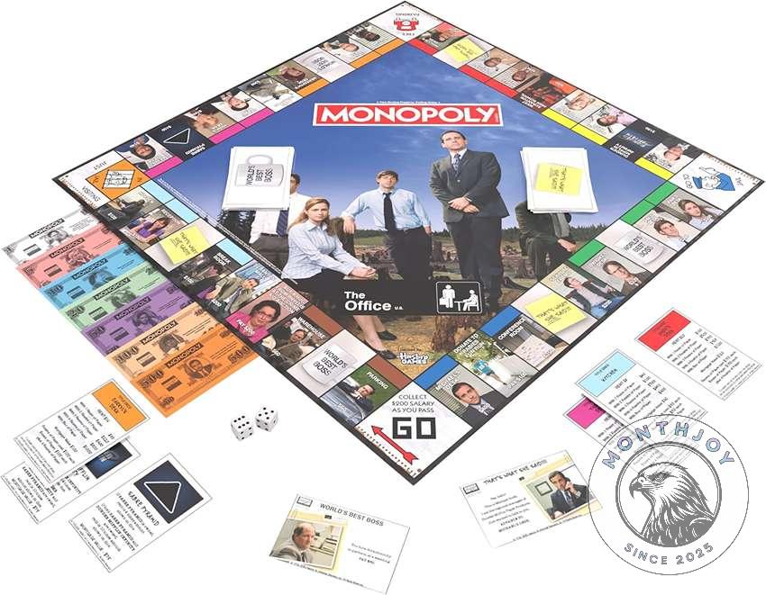 The Office U.S. Monopoly Edition Board Game - close up of top left box with Monopoly logo and characters
