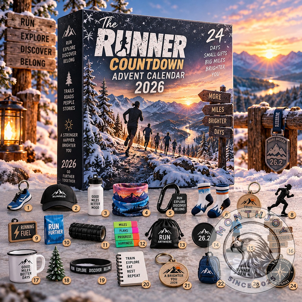 The Runner 2026 Countdown Advent Calendar - front box with numbered running-themed accessories