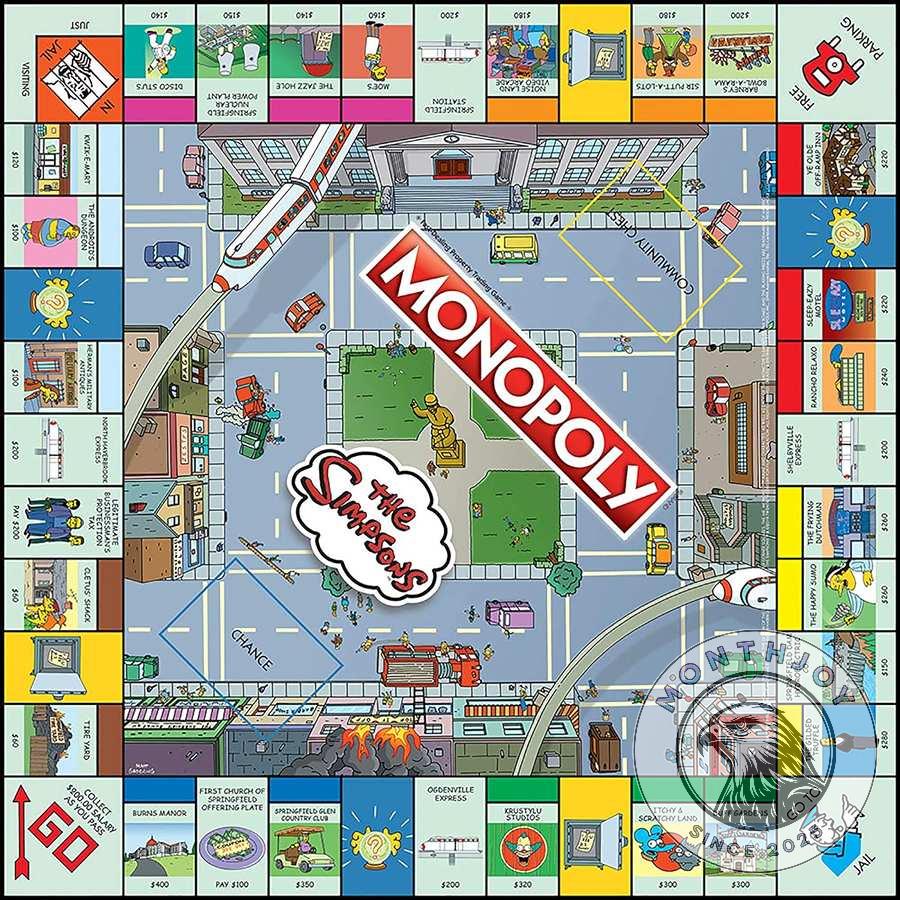 The Simpsons Monopoly Board Game box, close-up of The Simpsons logo and nuclear power plant