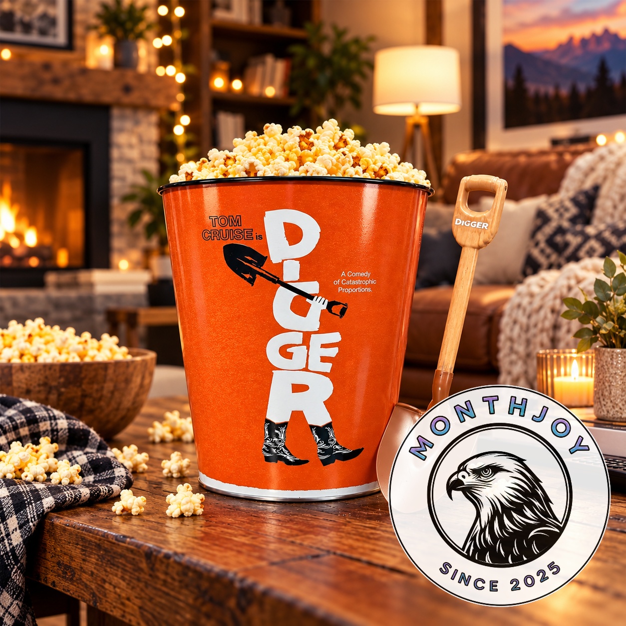 Tom Cruise Digger Movie Popcorn Bucket And Shovel Scoop - front view with popcorn
