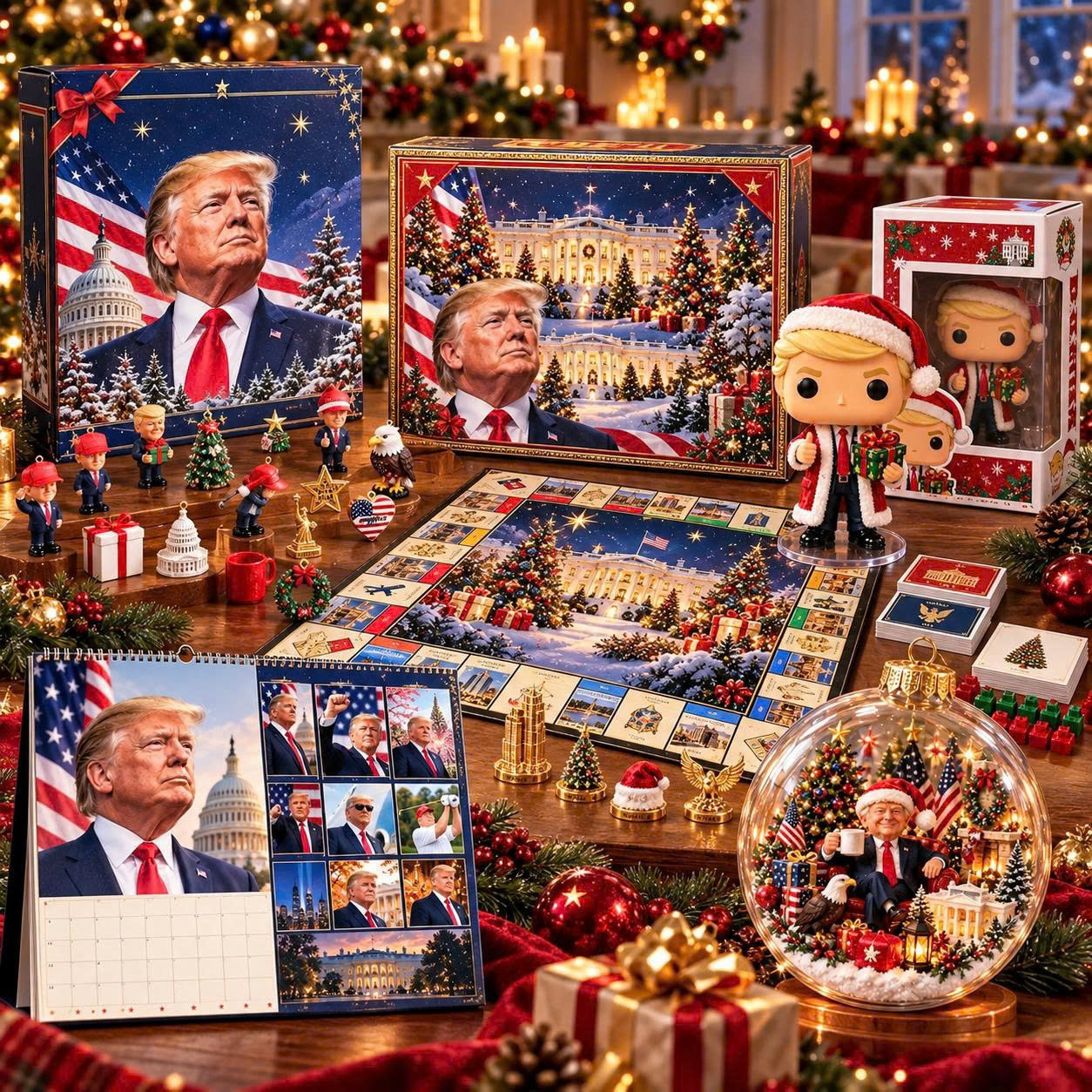 The full Donald Trump 2026 Christmas range together on a table: advent calendar, board game, vinyl figure, glass bauble and wall calendar