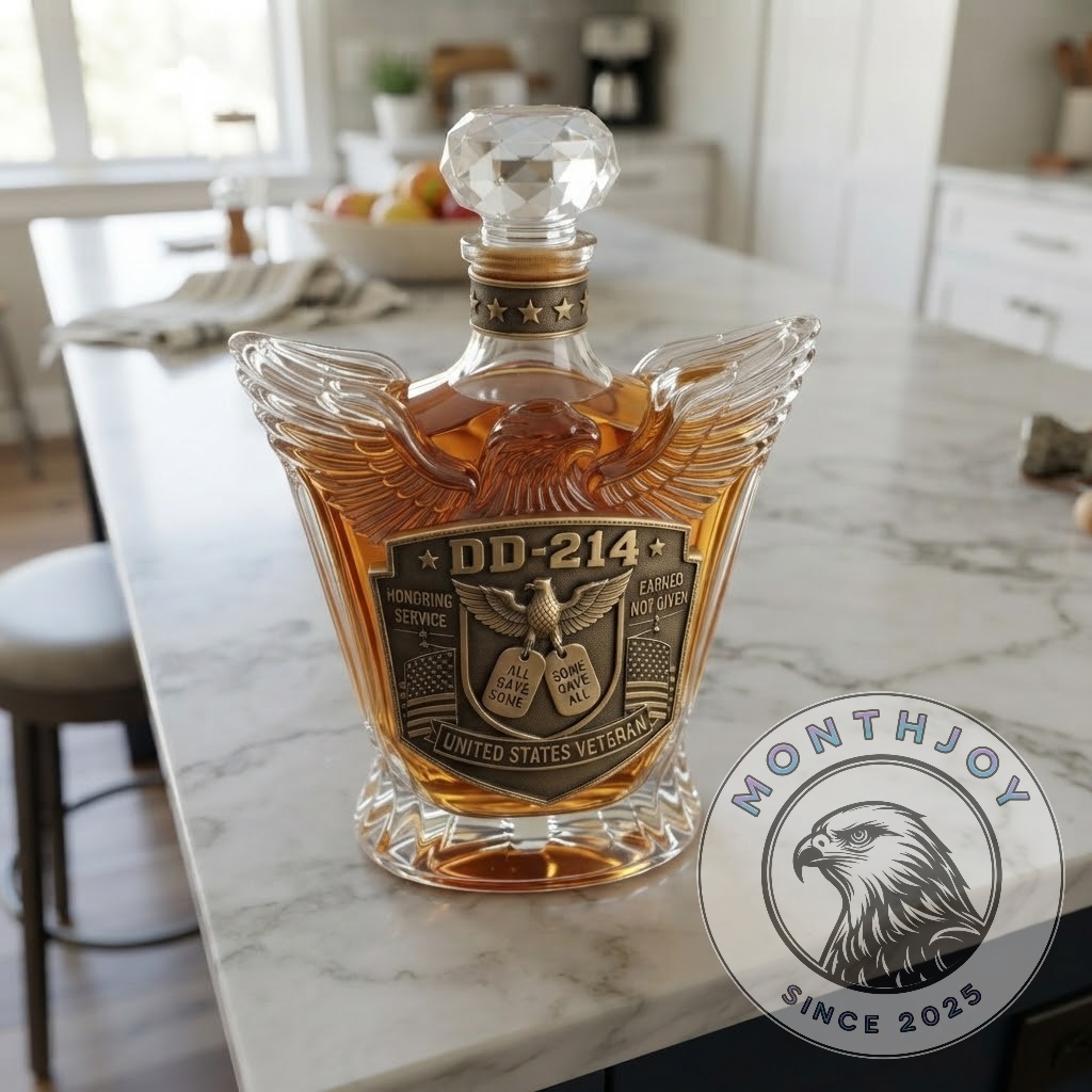 United States Veteran DD-214 Honoring Service Whiskey Decanter - close-up of stopper and eagle wings