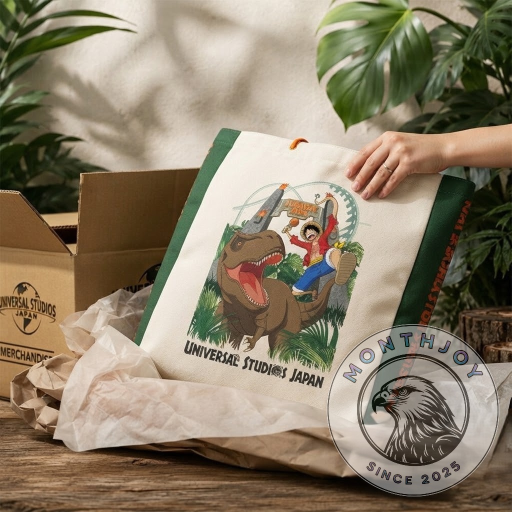 Universal Studios Japan One Piece Jurassic Park Luffy Riding T-rex Tote Bag - close up of top left design