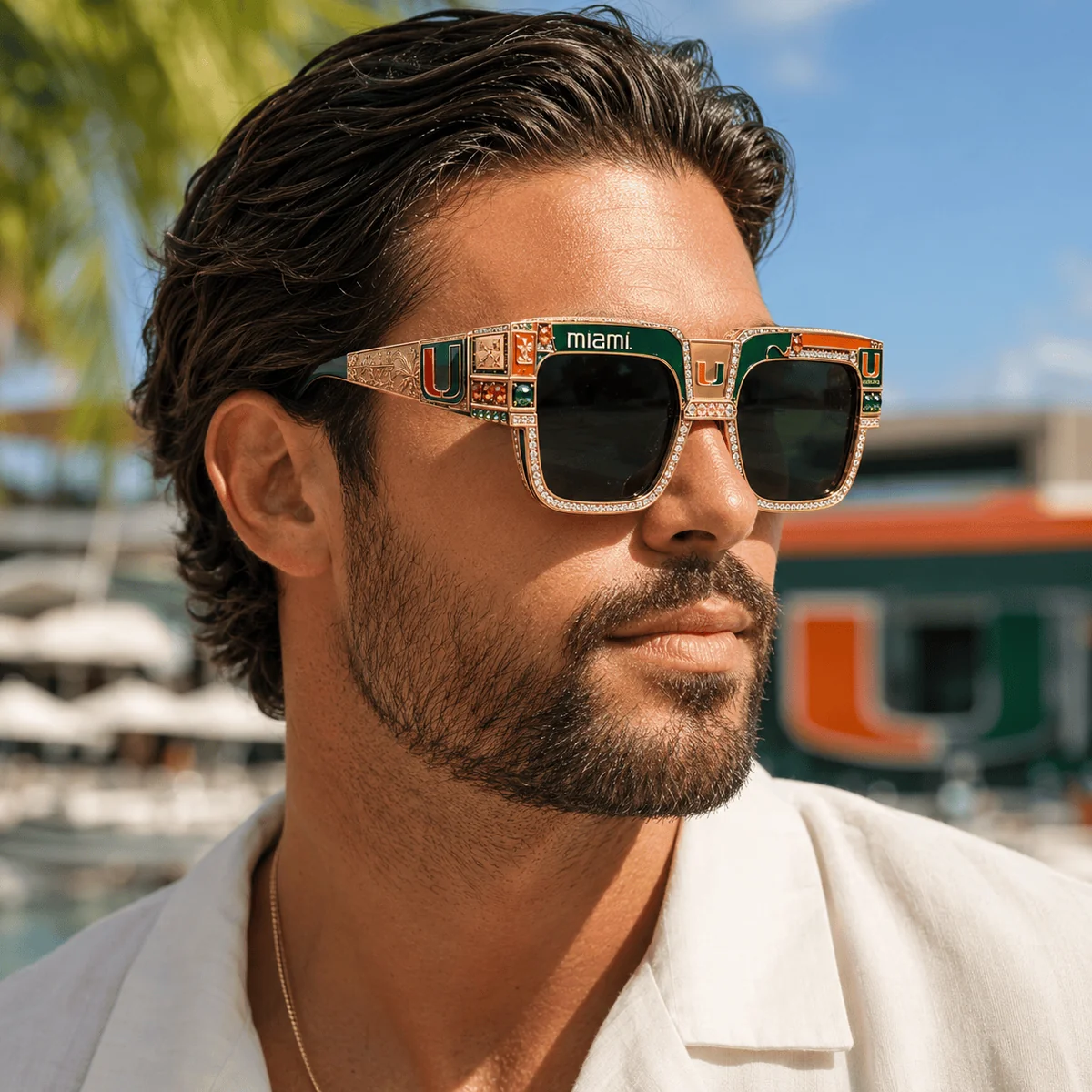 University of Miami Hurricanes Embellished Sunglasses - close-up of left lens and frame