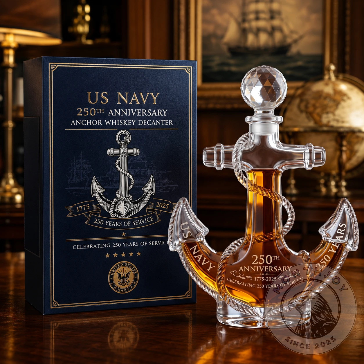US Navy 250th Anniversary Anchor Shaped Whiskey Bottle - Front View
