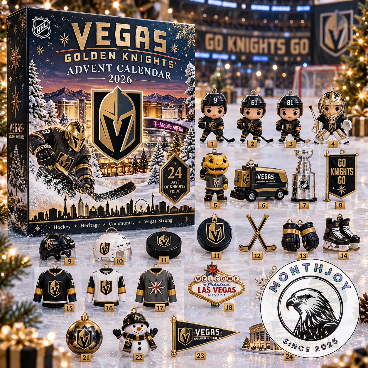 Vegas Golden Knights 2026 Advent Calendar - front box and numbered hockey collectibles