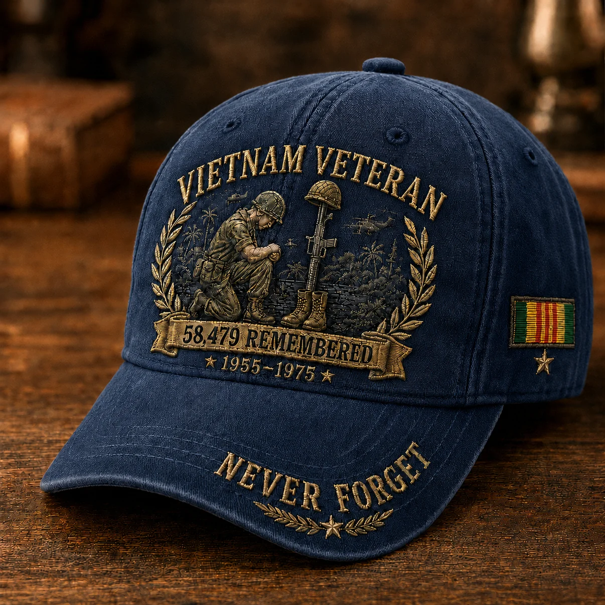 Vietnam Veteran Remembered Never Forget Baseball Cap - Detail View