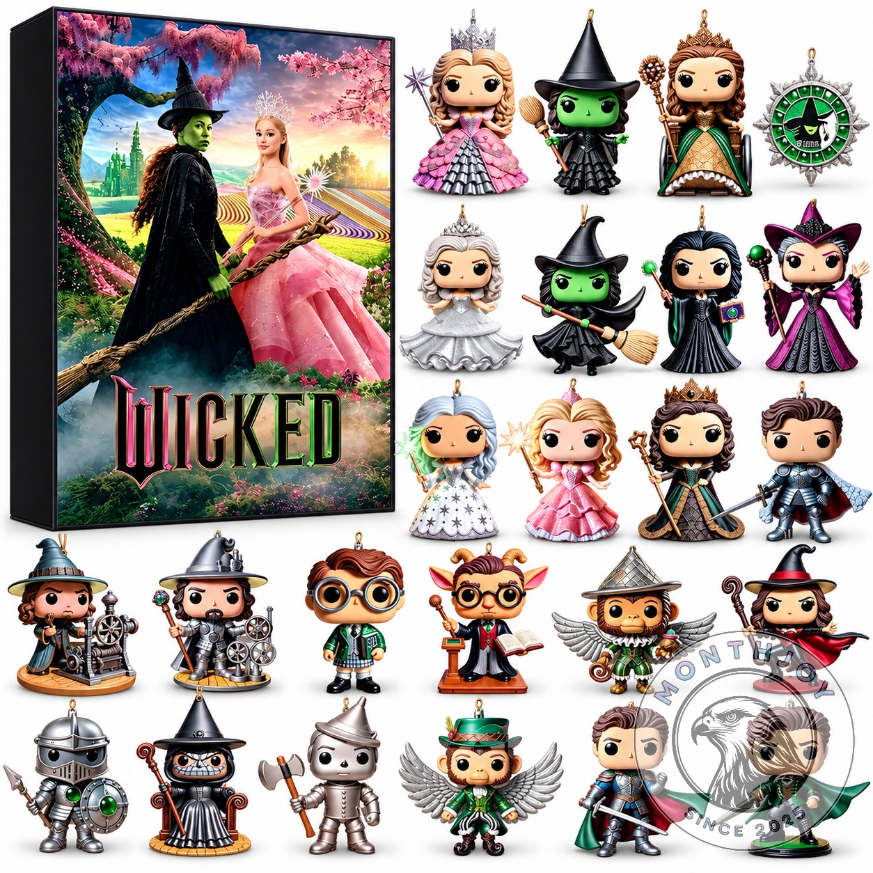 Wicked Christmas Character 2026 Advent Calendar - front box and character ornaments displayed