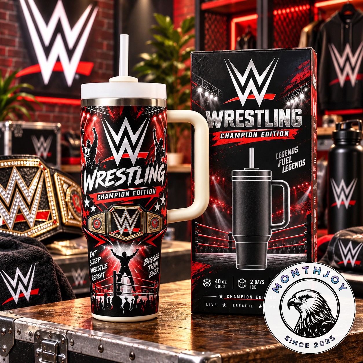 WWE Wrestling Championship Belt Stanley Tumbler - front view with matching box