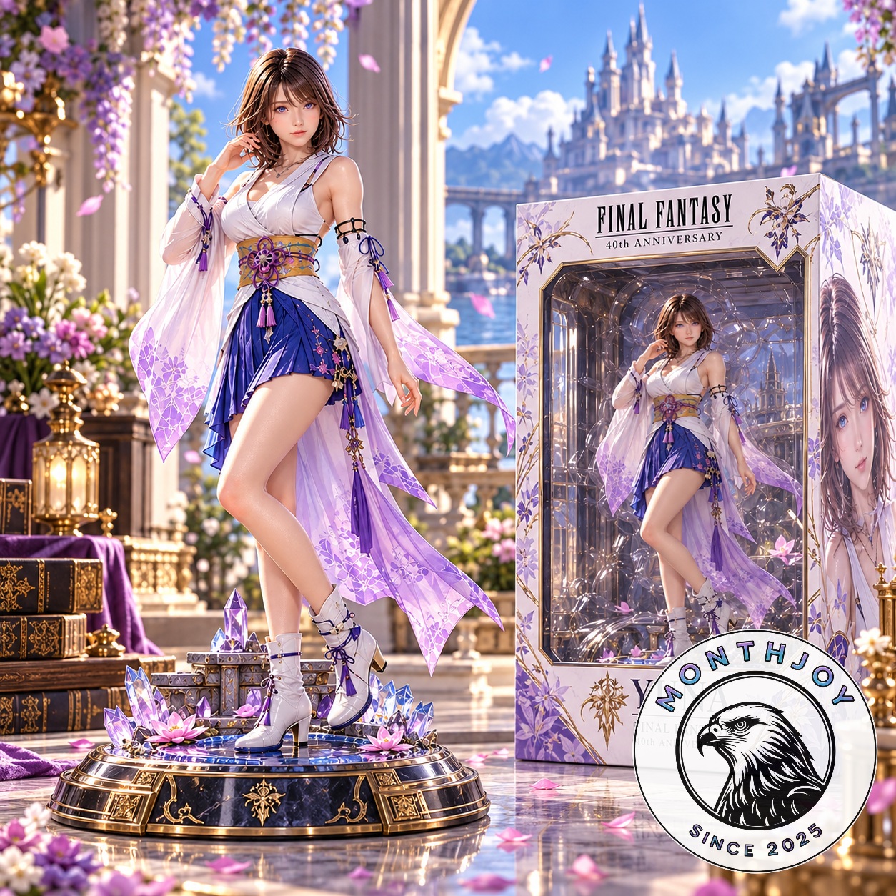Yuna X Final Fantasy 40th Anniversary Figurine - boxed display beside the standing character figure